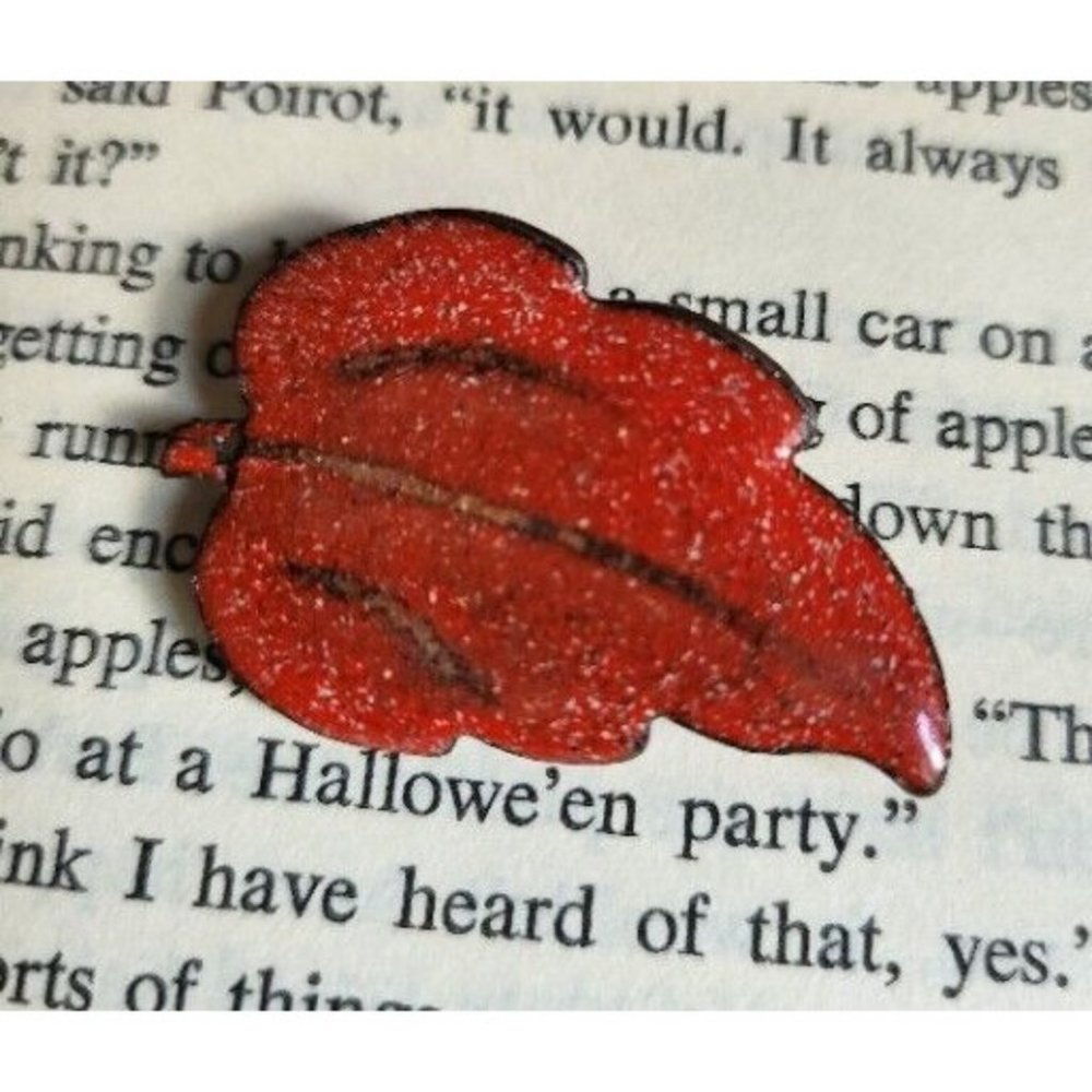 Red Orange Enameled Metal Leaf Pin Signed hh? yy?